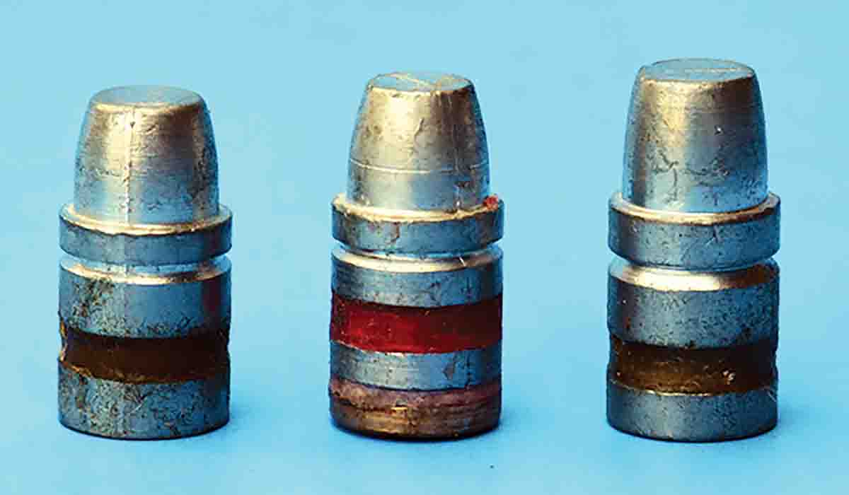 Both plain base and gas check cast bullets can be used with excellent results in standard pressure .38 Special data. Examples shown include the (left to right): 155-grain plain base from RCBS mould 38-150-SWC, 160-grain gas check from RCBS mould 38-158-SWC and 173-grain Lyman Keith mould 358429.